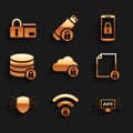 Set Cloud computing lock, Wifi locked, Computer api interface, Document and, Cyber security and Server with icon. Vector Royalty Free Stock Photo
