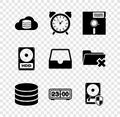 Set Cloud database, Alarm clock, Floppy disk in the 5.25-inch, Database, Retro flip and Hard drive HDD protection icon