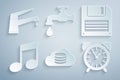 Set Cloud database, Floppy disk, Music note, tone, Alarm clock, Water tap and icon. Vector Royalty Free Stock Photo