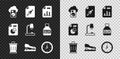 Set Cloud database, Note paper with push button, Document graph chart, Trash can, Stapler, Clock, and Table lamp icon Royalty Free Stock Photo
