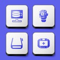 Set Cloud database, Smart glasses on spectacles, and First aid kit icon. White square button. Vector