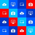 Set Cloud download, Monitor with cardiogram, Laptop and gear and First aid kit icon. Vector Royalty Free Stock Photo