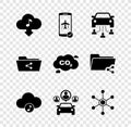 Set Cloud download music, Flight mode in the mobile, Car sharing, Music streaming service, and Network icon. Vector Royalty Free Stock Photo
