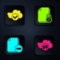 Set Cloud download and upload, Cloud with check mark, Document with minus and Document and lock. Black square button