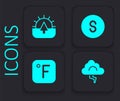 Set Cloud and lightning, Sunrise, Compass south and Fahrenheit icon. Black square button. Vector