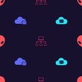 Set Cloud mail server, , Computer network and Alien on seamless pattern. Vector