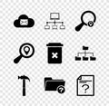 Set Cloud mail server, Computer network, Search location, Hammer, Unknown directory and document icon. Vector Royalty Free Stock Photo