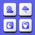 Set Cloud with moon, and lightning, Water drop percentage and Tornado icon. White square button. Vector Royalty Free Stock Photo