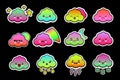 Set of cloud neon shaped emoji with different mood. Kawaii cute clouds emoticons and Japanese anime emoji faces Royalty Free Stock Photo