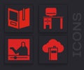 Set Cloud or online library, Open book, Computer monitor and desk and Online education icon. Vector Royalty Free Stock Photo