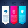 Set Cloud with rain, Clipboard resume and Shield. Business infographic template. Vector