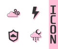 Set Cloud with rain and moon, Windy weather, Weather forecast and Lightning bolt icon. Vector Royalty Free Stock Photo