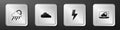 Set Cloud with rain and sun, , Lightning bolt and Weather forecast icon. Silver square button. Vector Royalty Free Stock Photo
