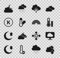 Set Cloud with rain and sun, Location cloud, Meteorology thermometer, snow, Kelvin, moon and Rainbow icon. Vector