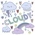 Set of cloud shaped emoji with different mood. Kawaii cute clouds emoticons and Japanese anime emoji faces expressions Royalty Free Stock Photo