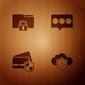 Set Cloud and shield, Folder lock, Credit card with and Password protection on wooden background. Vector Royalty Free Stock Photo