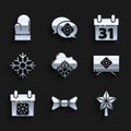 Set Cloud with snow, Bow tie, Christmas star, Merry on television, Calendar, Snowflake, and mitten icon. Vector Royalty Free Stock Photo