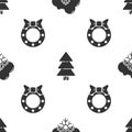 Set Cloud with snow, Christmas tree and Christmas wreath on seamless pattern. Vector Royalty Free Stock Photo