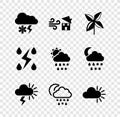 Set Cloud with snow and lightning, Tornado swirl, Pinwheel, Storm, snow, rain, moon, Cloudy, and sun icon. Vector
