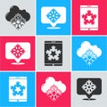 Set Cloud with snow, Snowflake with speech bubble and Christmas on smartphone and snowflake icon. Vector Royalty Free Stock Photo