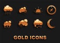 Set Cloud with snow and sun, Wind rose, Moon stars, rain, Sunrise, and Windy weather icon. Vector Royalty Free Stock Photo