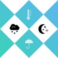 Set Cloud with snow, Umbrella, Meteorology thermometer and Moon and stars icon. Vector