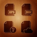 Set Cloud storage text document, EPS file document, Unknown document and DOC file document on wooden background. Vector Royalty Free Stock Photo