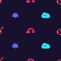 Set Cloud, Sunrise, Rainbow with clouds and Comet falling down fast on seamless pattern. Vector Royalty Free Stock Photo