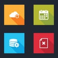 Set Cloud sync refresh, Calendar, Setting database server and Delete file document icon. Vector Royalty Free Stock Photo