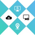 Set Cloud upload, Map pointer with heart, Monitor dollar and Computer monitor and gear icon. Vector Royalty Free Stock Photo