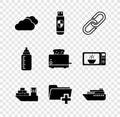 Set Cloud, USB flash drive and shield, Chain link, Cargo ship, Add new folder and Ship icon. Vector