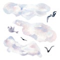 Set of clouds and birds watercolor illustration isolated on white.