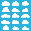 Set of clouds in blue sky. Cloud icon shape. Collection of different clouds, label, symbol. Graphic vector design element for logo Royalty Free Stock Photo