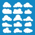 Set of clouds in blue sky. Cloud icon shape. Collection of different clouds, label, symbol. Graphic vector design element for logo Royalty Free Stock Photo