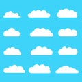 Set of clouds. Set of different clouds on blue background. Collection of cloud icon, shape, label