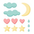 A set of clouds, hearts, stars, drops and moon. Isolated on a white background. Collection for cute design. Vector illustration.