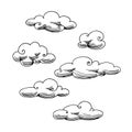 A set of clouds in the sky, design elements, weather phenomena, black ink lines Royalty Free Stock Photo