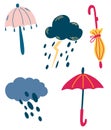 Set of clouds and umbrellas. Rainy weather. Thunderstorm, rain, clouds. Cute Abstract umbrellas. Weather forecast. Various