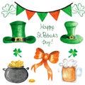 Set of clover leaves, leprechun hars, bow, pot with coins, berr cup and lettering for Saint patrick`s day celebration