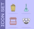 Set Clown head, Popcorn in box, Fast street food cart and Balalaika icon. Vector Royalty Free Stock Photo