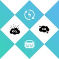 Set CO2 emissions in cloud, Car sharing, Recharging and Methane reduction icon. Vector Royalty Free Stock Photo