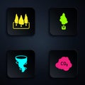 Set CO2 emissions in cloud, Forest, Tornado and Tree. Black square button. Vector Royalty Free Stock Photo