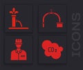 Set CO2 emissions in cloud, Oil pump or pump jack, Industry pipe and valve and Oilman icon. Vector