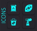 Set CO2 emissions in cloud, Radioactive waste barrel, Water energy and Trash can icon. Black square button. Vector