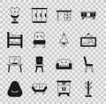 Set Coat stand, Chair, Picture, Office desk, Armchair, Bunk bed, and Lamp hanging icon. Vector