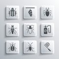 Set Cockroach, Butterfly net, Pressure sprayer, Beetle bug, Termite, Colorado beetle and deer icon. Vector Royalty Free Stock Photo