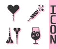 Set Cocktail and alcohol drink, Balloon in form of heart, Dart arrow and Firework rocket icon. Vector