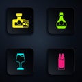 Set Cocktail Bloody Mary, Whiskey bottle and glass, Wine and Bottle of cognac or brandy. Black square button. Vector Royalty Free Stock Photo