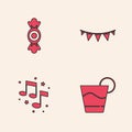 Set Cocktail, Candy, Carnival garland with flags and Music note, tone icon. Vector