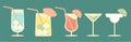 Set of Cocktail glasses minimal vector illustration. Five refreshing cocktails with ice cubes and lemons. Royalty Free Stock Photo